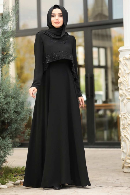 Boncuk Detaylı Siyah Tesettür Abiye Elbise 36840S