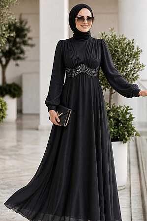 Boncuk Detaylı Siyah Tesettür Abiye Elbise 6295S - N.S NEVA STYLE