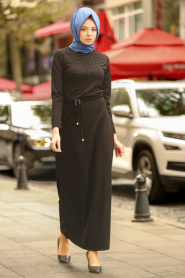 Boncuk Detaylı Siyah Tesettür Elbise 79210S - Thumbnail