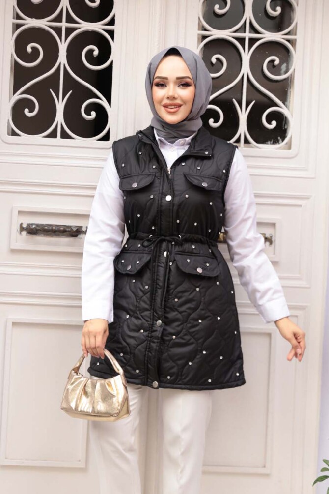 Boncuk Detaylı Siyah Tesettür Şişme Yelek 80321S - 3