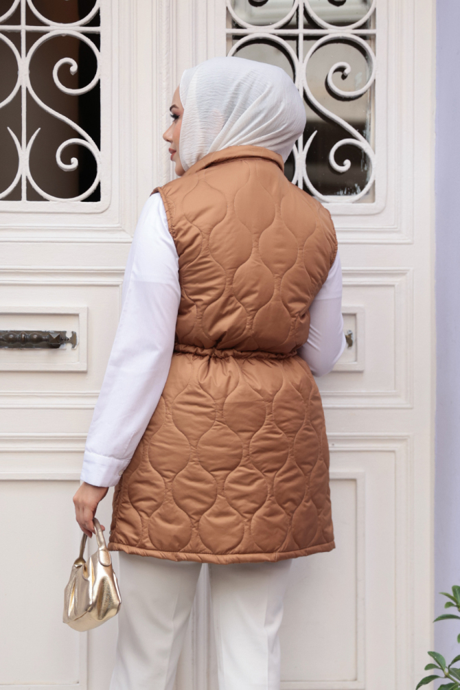 Boncuk Detaylı Taba Tesettür Şişme Yelek 80321TB - 4