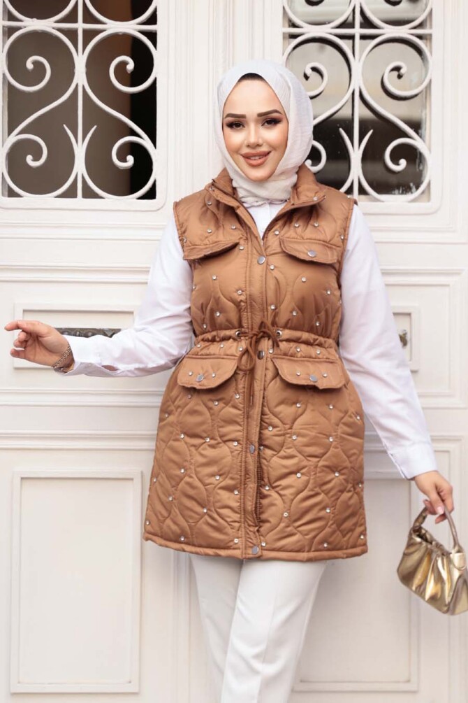 Boncuk Detaylı Taba Tesettür Şişme Yelek 80321TB - 3