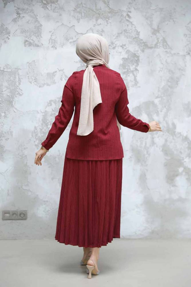 Boncuk Detaylı Vişne Tesettür Etekli İkili Takım 60062VSN - 4