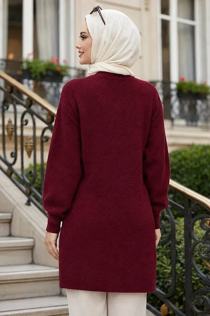 Boncuk Detaylı Vişne Tesettür Triko Kazak 10138VSN - 2