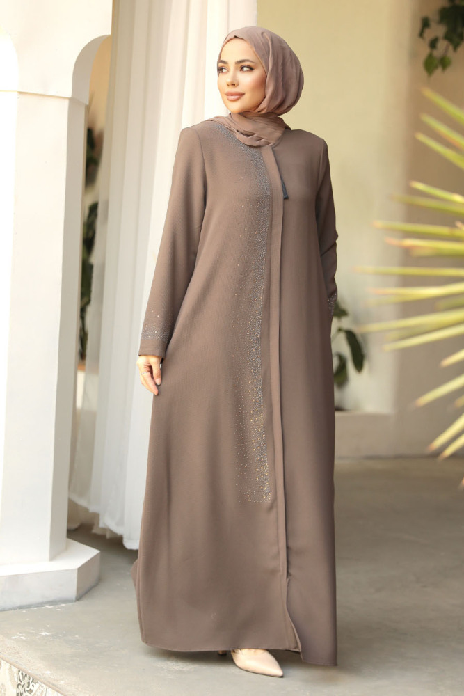 Boncuk Detaylı Vizon Tesettür Abaya 26331V - 3