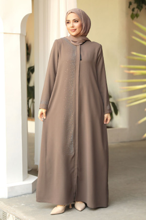 Boncuk Detaylı Vizon Tesettür Abaya 26331V - 1