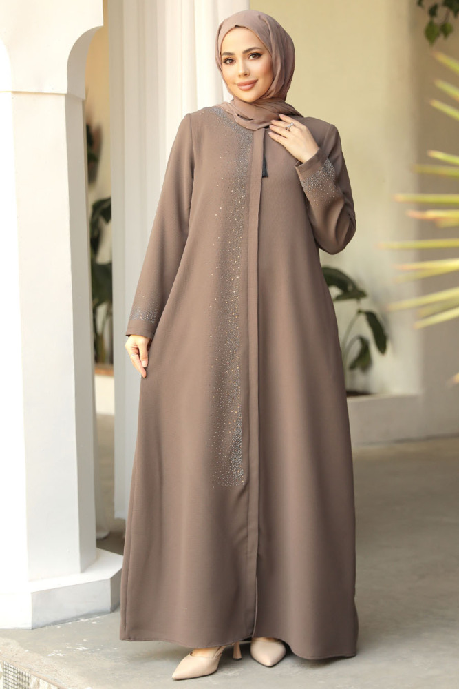 Boncuk Detaylı Vizon Tesettür Abaya 26331V - 2