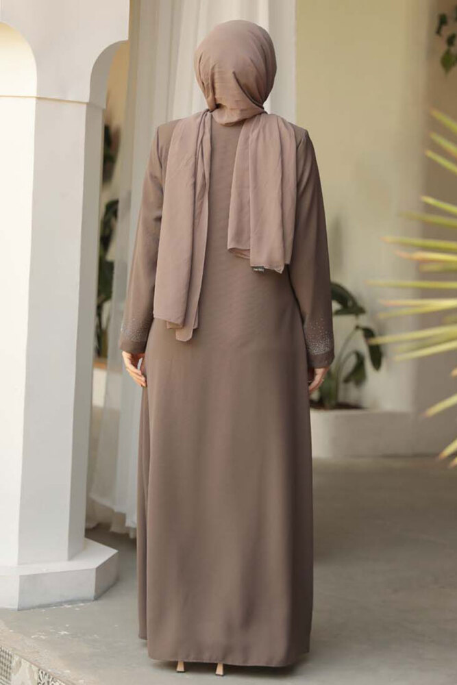 Boncuk Detaylı Vizon Tesettür Abaya 26331V - 4