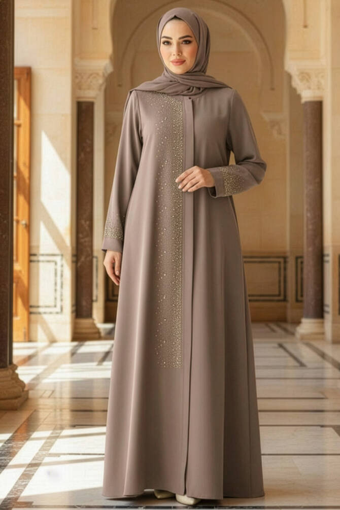 Boncuk Detaylı Vizon Tesettür Abaya 26331V - 1