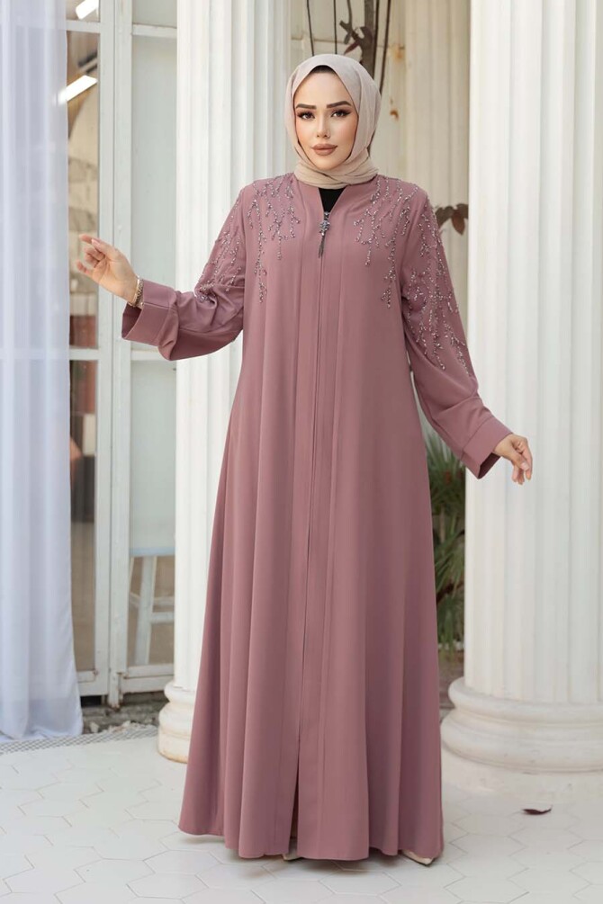 Boncuk İşlemeli Açık Gül Kurusu Tesettür Abaya 29110AGK - 2