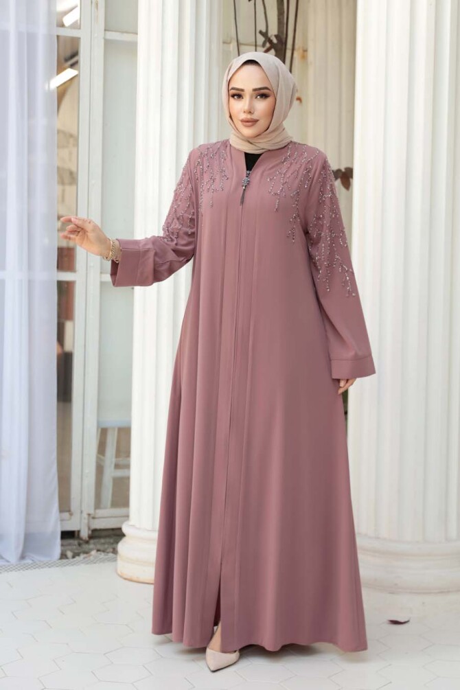 Boncuk İşlemeli Açık Gül Kurusu Tesettür Abaya 29110AGK - 1