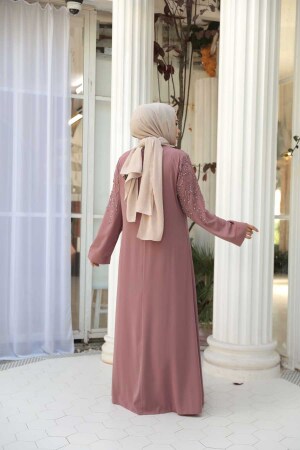 Boncuk İşlemeli Açık Gül Kurusu Tesettür Abaya 29110AGK - 3