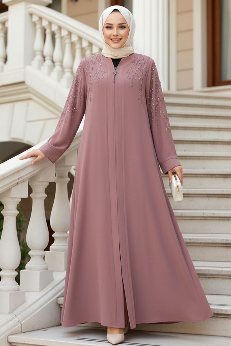 Boncuk İşlemeli Açık Gül Kurusu Tesettür Abaya 29110AGK