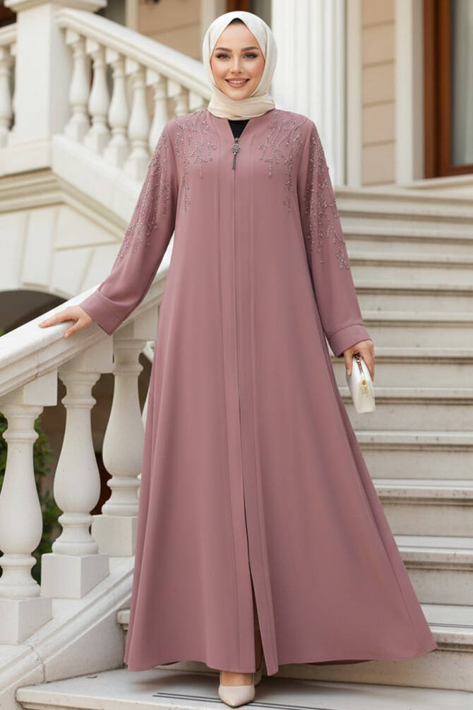 Boncuk İşlemeli Açık Gül Kurusu Tesettür Abaya 29110AGK - 1