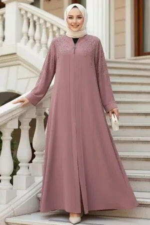 Boncuk İşlemeli Açık Gül Kurusu Tesettür Abaya 29110AGK - 1