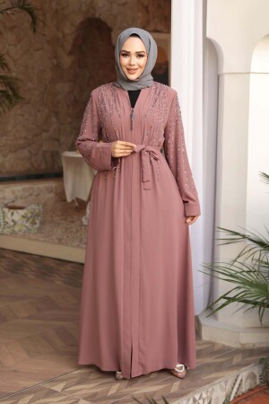 Boncuk İşlemeli Açık Gül Kurusu Tesettür Abaya 29111AGK - 2
