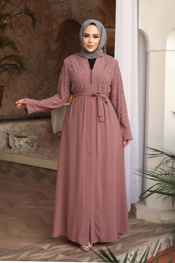 Boncuk İşlemeli Açık Gül Kurusu Tesettür Abaya 29111AGK - 3