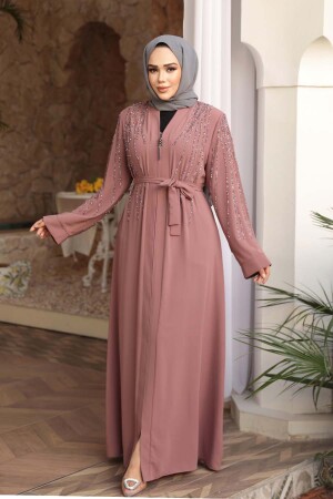 Boncuk İşlemeli Açık Gül Kurusu Tesettür Abaya 29111AGK 