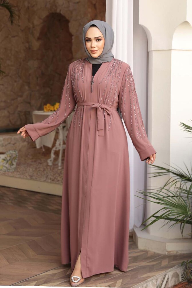 Boncuk İşlemeli Açık Gül Kurusu Tesettür Abaya 29111AGK - 1