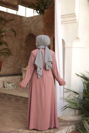 Boncuk İşlemeli Açık Gül Kurusu Tesettür Abaya 29111AGK - 4