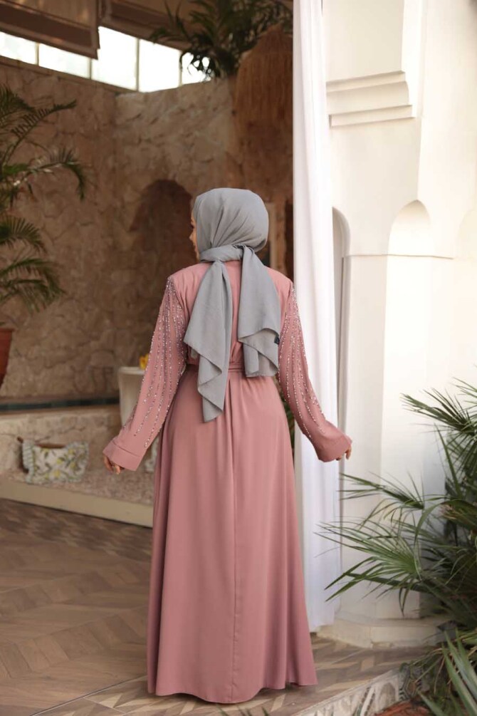 Boncuk İşlemeli Açık Gül Kurusu Tesettür Abaya 29111AGK - 4