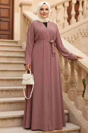 Boncuk İşlemeli Açık Gül Kurusu Tesettür Abaya 29111AGK 