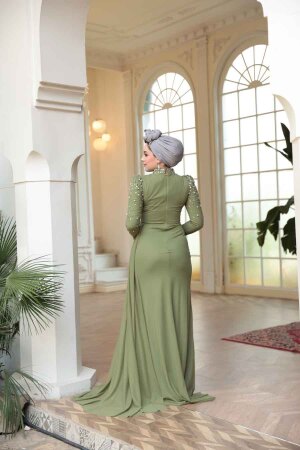 Boncuk İşlemeli Açık Haki Tesettür Abiye Elbise 5295AHK - 5
