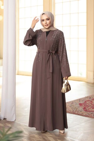 Boncuk İşlemeli Açık Kahverengi Tesettür Abaya 29111AKH - 1