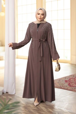 Boncuk İşlemeli Açık Kahverengi Tesettür Abaya 29111AKH - 2