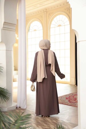 Boncuk İşlemeli Açık Kahverengi Tesettür Abaya 29111AKH - 3