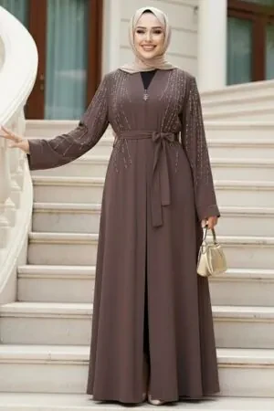 Boncuk İşlemeli Açık Kahverengi Tesettür Abaya 29111AKH - 1