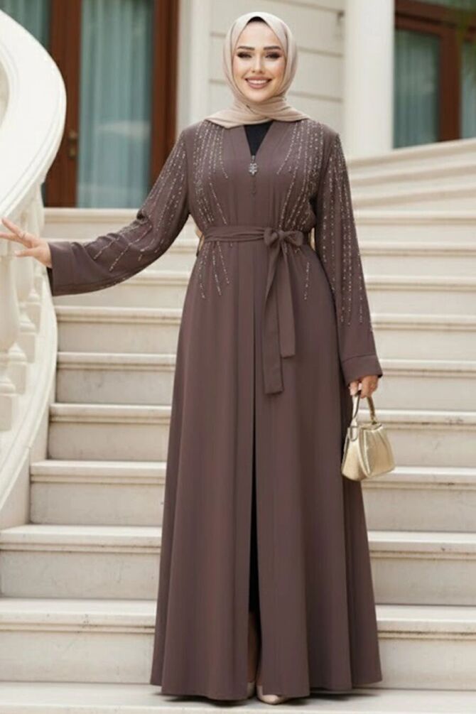 Boncuk İşlemeli Açık Kahverengi Tesettür Abaya 29111AKH - 1