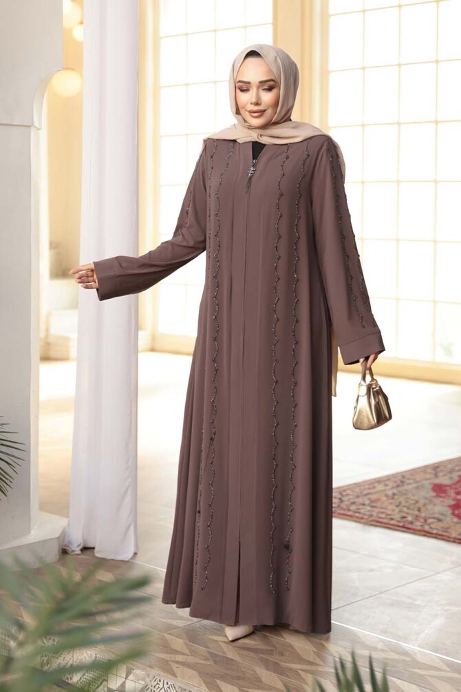 Boncuk İşlemeli Açık Kahverengi Tesettür Abaya 29113AKH - 1