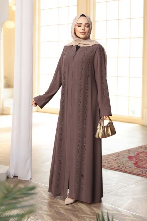 Boncuk İşlemeli Açık Kahverengi Tesettür Abaya 29113AKH - 2