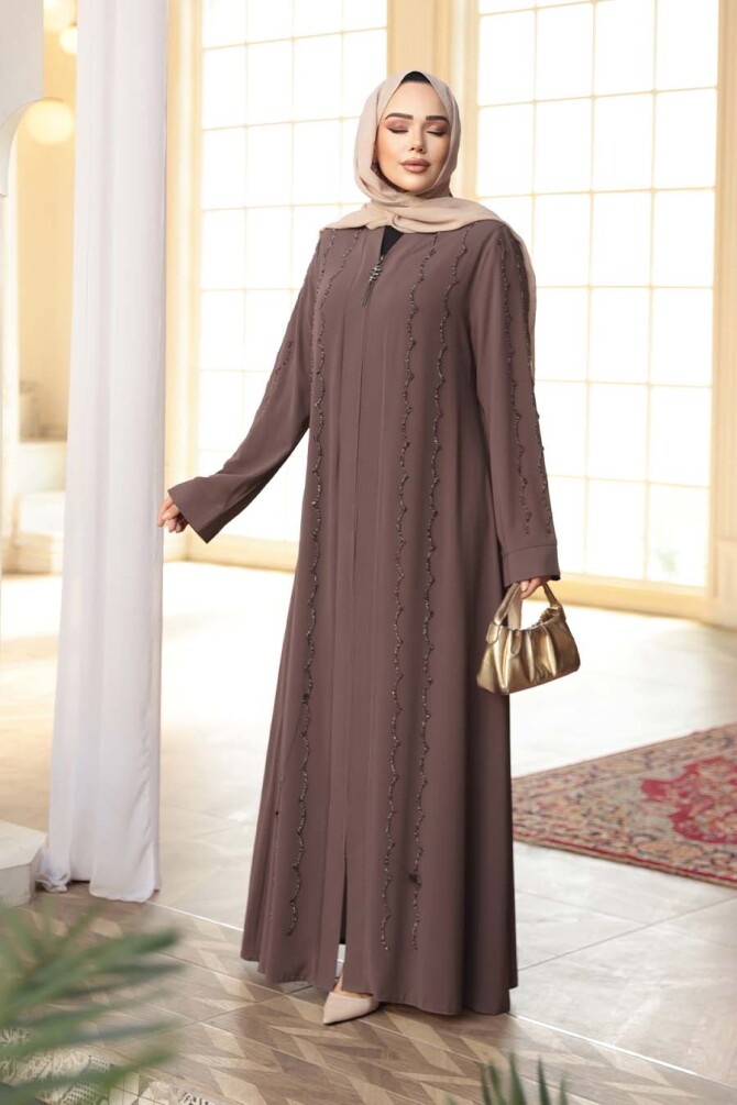 Boncuk İşlemeli Açık Kahverengi Tesettür Abaya 29113AKH - 2