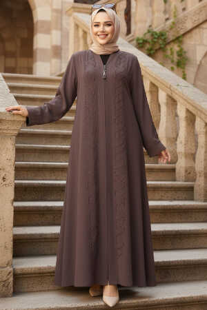 Boncuk İşlemeli Açık Kahverengi Tesettür Ferace 29122AKH 