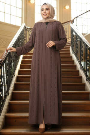 Boncuk İşlemeli Açık Kahverengi Tesettür Ferace 29123AKH - N.S NEVA STYLE