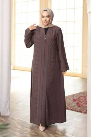 Boncuk İşlemeli Açık Kahverengi Tesettür Ferace 29123AKH - N.S NEVA STYLE