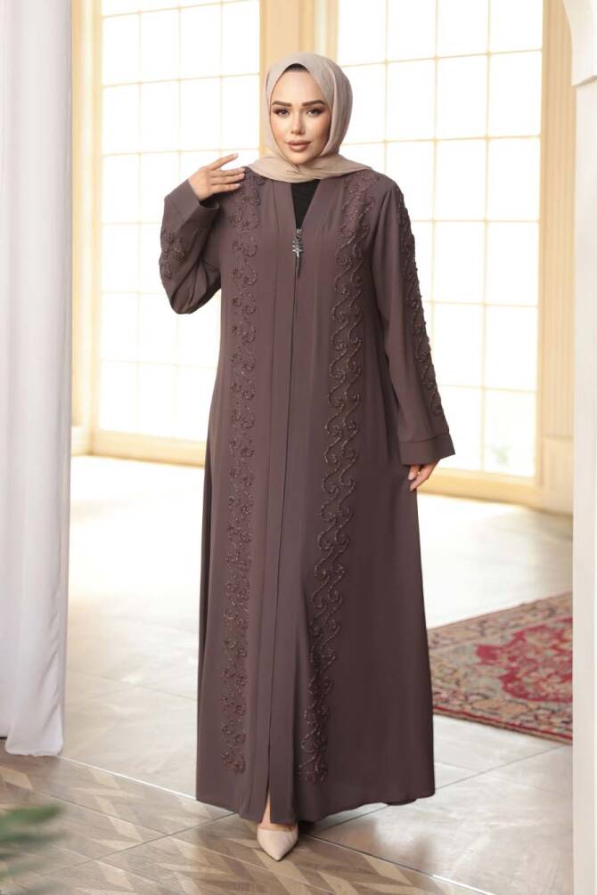 Boncuk İşlemeli Açık Kahverengi Tesettür Ferace 29123AKH - N.S NEVA STYLE