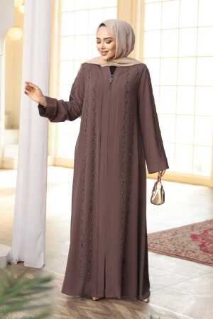 Boncuk İşlemeli Açık Kahverengi Tesettür Ferace 29123AKH - 2