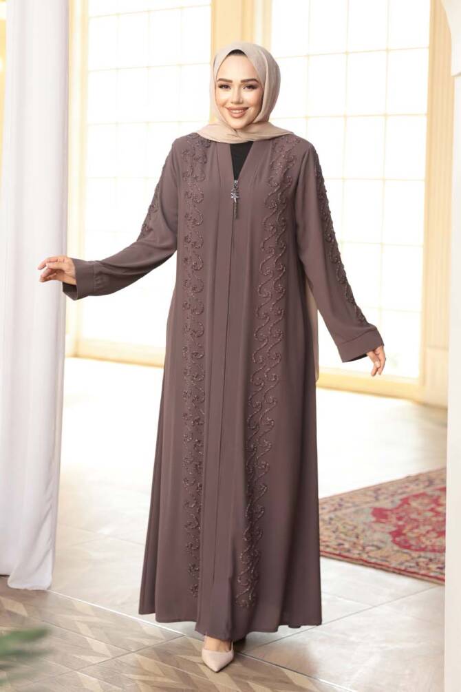 Boncuk İşlemeli Açık Kahverengi Tesettür Ferace 29123AKH - 3