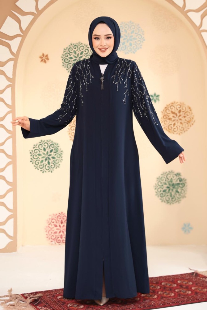 Boncuk İşlemeli Açık Lacivert Tesettür Abaya 29110AL - 1