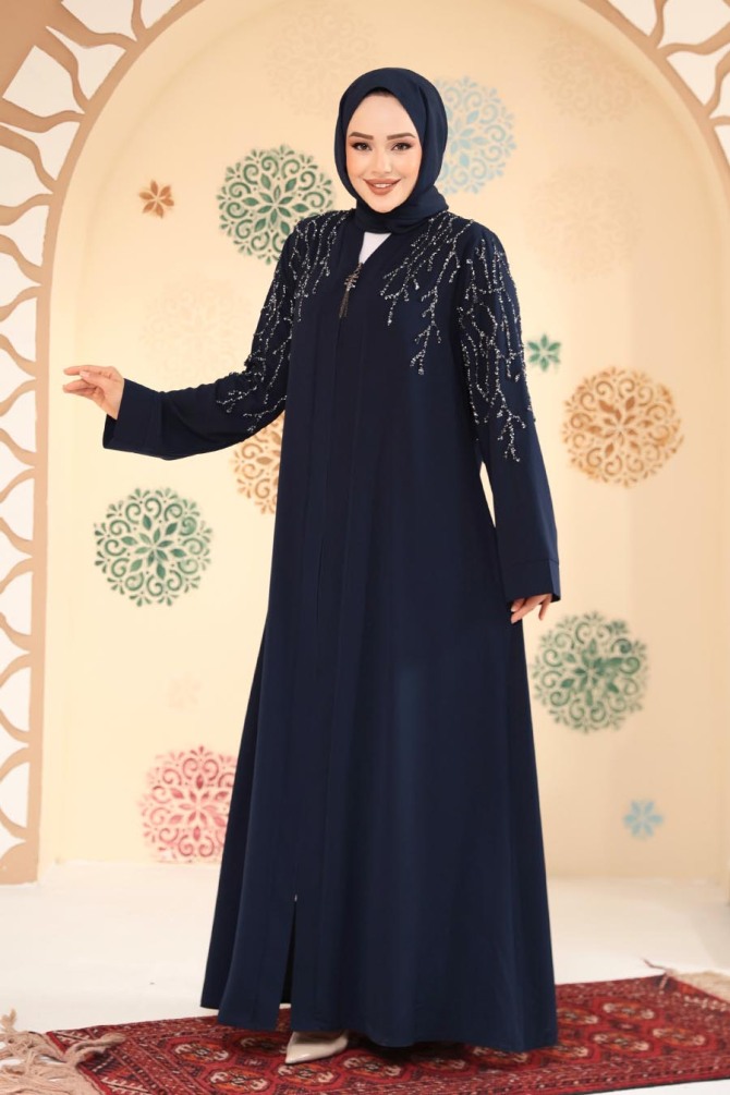 Boncuk İşlemeli Açık Lacivert Tesettür Abaya 29110AL - 2