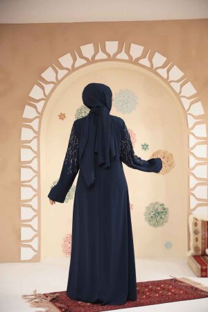 Boncuk İşlemeli Açık Lacivert Tesettür Abaya 29110AL - 3