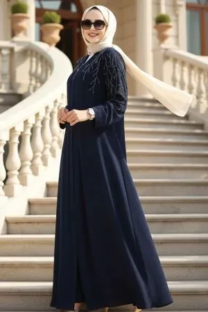 Boncuk İşlemeli Açık Lacivert Tesettür Abaya 29110AL 