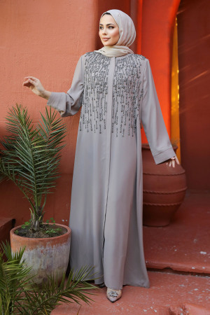 Boncuk İşlemeli Bej Tesettür Abaya 29106BEJ - 2