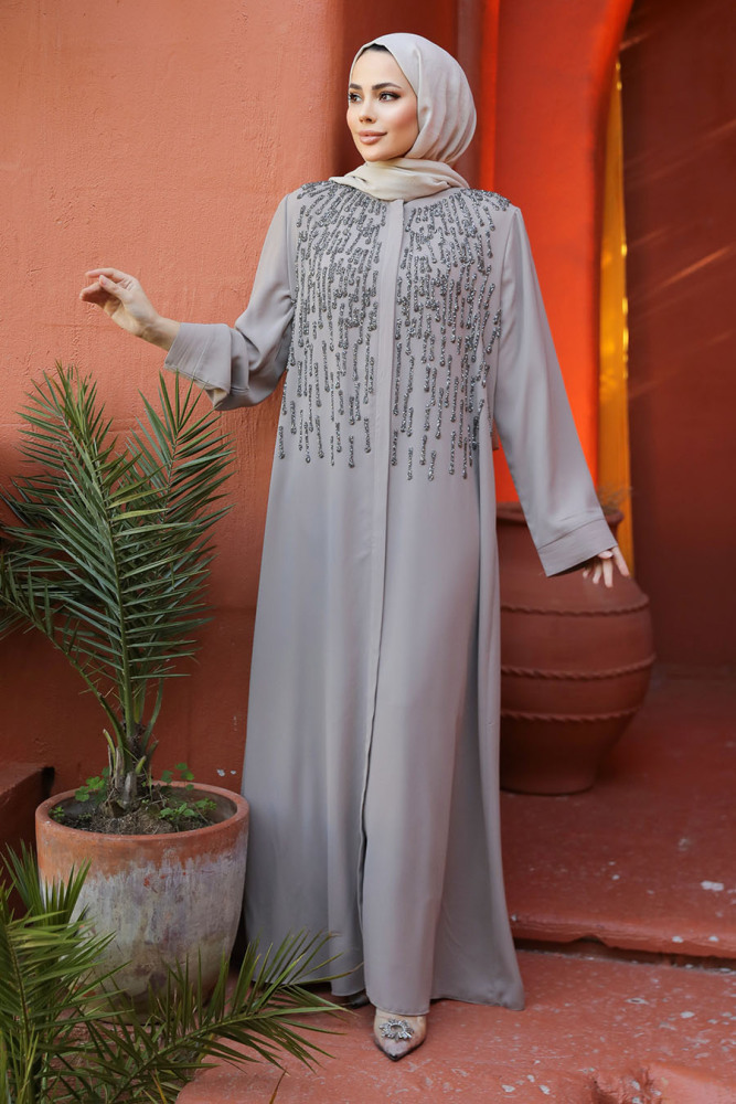 Boncuk İşlemeli Bej Tesettür Abaya 29106BEJ - 2