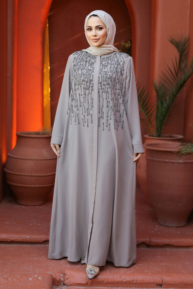 Boncuk İşlemeli Bej Tesettür Abaya 29106BEJ - 1