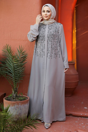 Boncuk İşlemeli Bej Tesettür Abaya 29106BEJ - 3