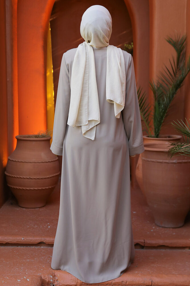Boncuk İşlemeli Bej Tesettür Abaya 29106BEJ - 4